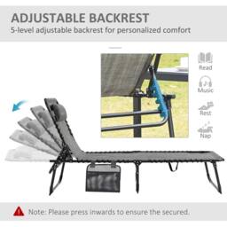 OUTSUNNY Lounger Folding Reclining Camping Bed 5-position Adjustable in Mid Grey - thumbnail 4