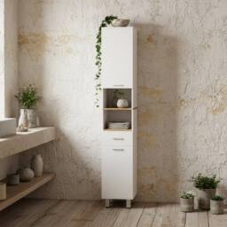 Wyld Haus Tall Slim High Gloss White Storage Cabinet Drawer Shelves Double Doors