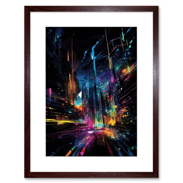"Artery8 Wall Art Print New York City at Night Modern Abstract Neon Contrast Painting Artwork Framed 9X7 Inch in Brown - Size: W7"" x H9""" - image 1