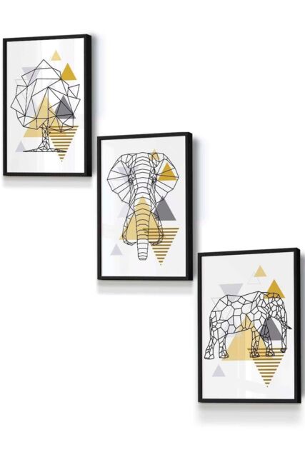 ARTZE Geometric Line Art Yellow Elephant Tree Set Framed Wall Art - Small in Black - Size: W33 cm x H45 cm x D20mm - image 1