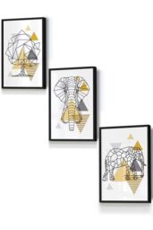 ARTZE Geometric Line Art Yellow Elephant Tree Set Framed Wall Art - Small in Black - Size: W33 cm x H45 cm x D20mm - thumbnail 1