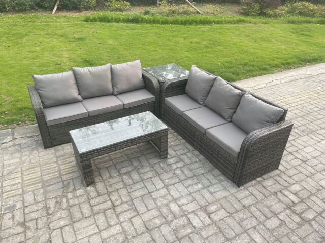 Fimous 6 Seater Outdoor Rattan Garden Furniture Set with Patio Lounge Sofa Set with Rectangular Coffee Table Side Table in Dark Grey - image 1