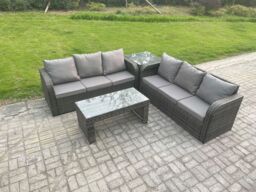 Fimous 6 Seater Outdoor Rattan Garden Furniture Set with Patio Lounge Sofa Set with Rectangular Coffee Table Side Table in Dark Grey - thumbnail 2