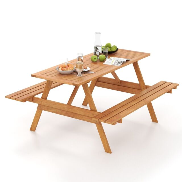 Gymax Outdoor Table Set Patio Picnic Wood Dining Table With 2 Built-in Benches in Natural - image 1