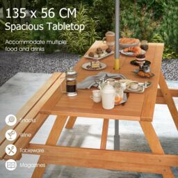 Gymax Outdoor Table Set Patio Picnic Wood Dining Table With 2 Built-in Benches in Natural - thumbnail 2