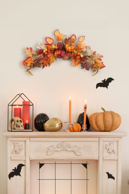 Living and Home 60cm Artificial Autumn Swag Maple Leaves Berry Pumpkin Arch Garland with Light for Halloween Thanksgiving Decor in Orange - image 1