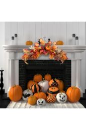 Living and Home 60cm Artificial Autumn Swag Maple Leaves Berry Pumpkin Arch Garland with Light for Halloween Thanksgiving Decor in Orange - thumbnail 3