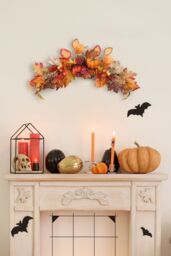 Living and Home 60cm Artificial Autumn Swag Maple Leaves Berry Pumpkin Arch Garland with Light for Halloween Thanksgiving Decor in Orange - thumbnail 1