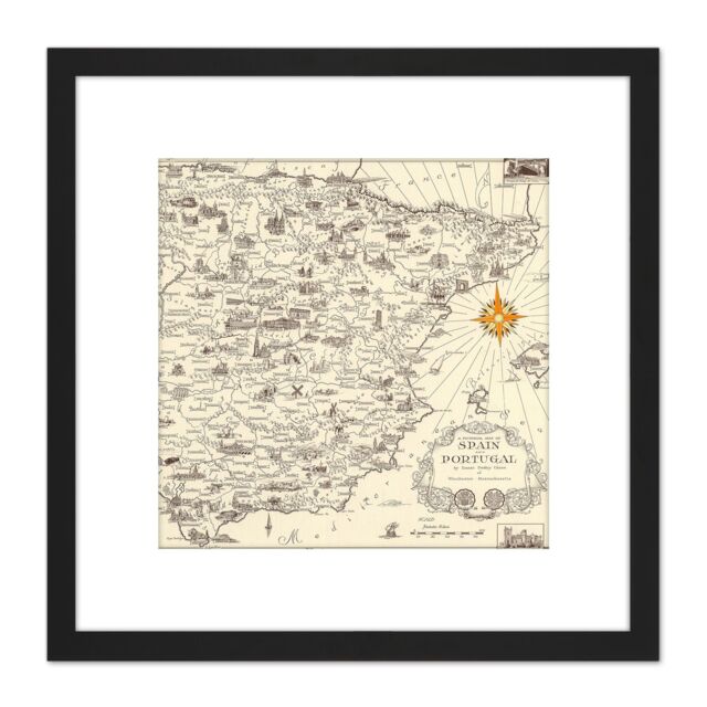 Artery8 Map Ernest Dudley Chase 1935 Spain Portugal Pictorial 8X8 Inch Square Wooden Framed Wall Art Print Picture with Mount in Black - image 1