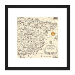 Artery8 Map Ernest Dudley Chase 1935 Spain Portugal Pictorial 8X8 Inch Square Wooden Framed Wall Art Print Picture with Mount in Black - thumbnail 1