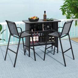 Gymax 3-Piece Outdoor Bar Set Bar Table & Patio Chairs With 2-Tier Shelf in Grey - Size: 3 Pack - thumbnail 8
