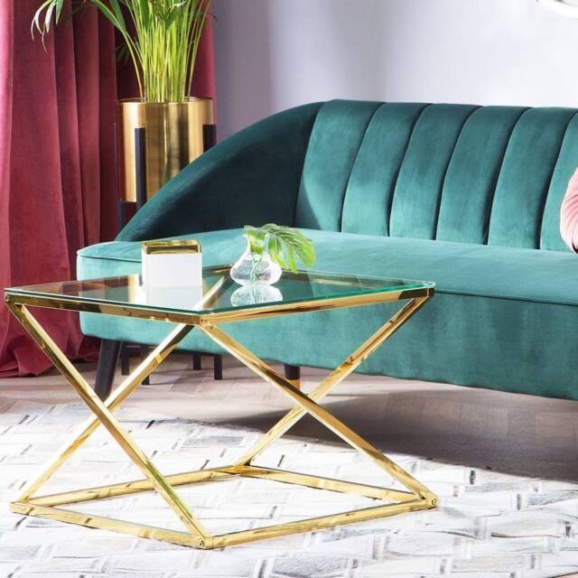 Wyld and Coco Home Gold-Tone Steel Frame Coffee Table 60 x 60 cm Square Glass Top in Gold - image 1