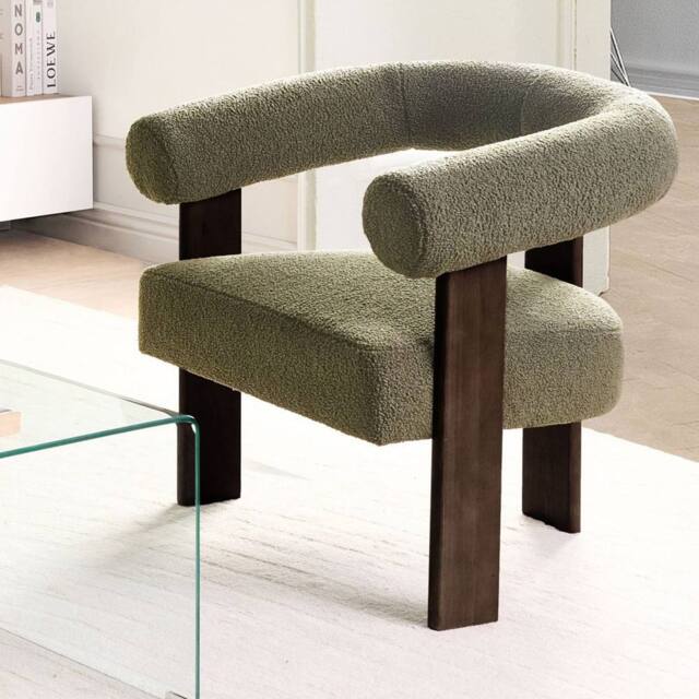Wyld and Coco Boucle Armchair Green Upholstery and Dark Brown Retro Wooden Legs - image 1