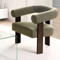 Wyld and Coco Boucle Armchair Green Upholstery and Dark Brown Retro Wooden Legs