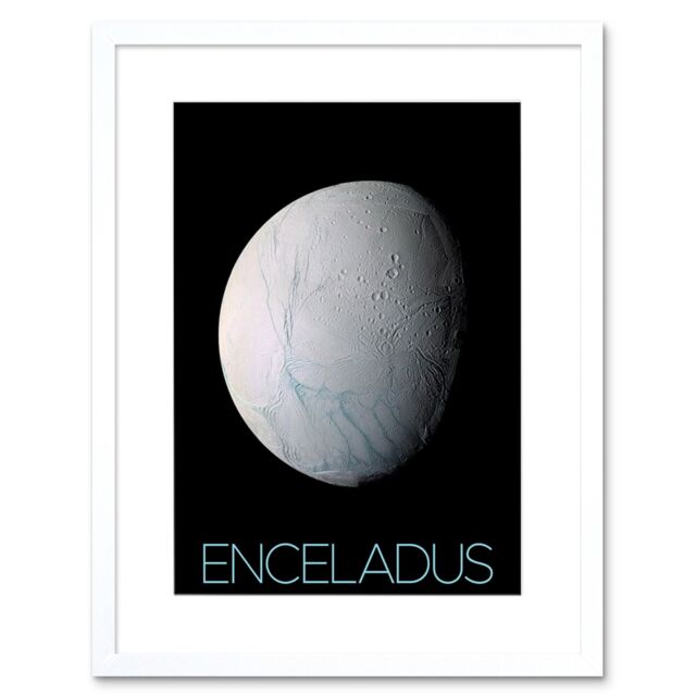 "Artery8 Wall Art Print NASA Our Solar System Enceladus Saturn's Moon Ice Oceans Artwork Framed 9X7 Inch in White - Size: W7"" x H9""" - image 1