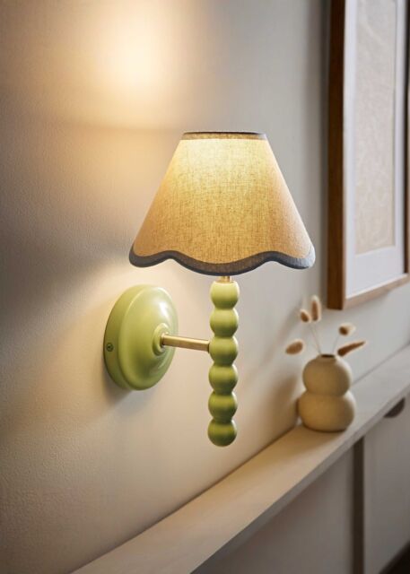 ValueLights Bobbins Sage Green Bobble Wall Light & Linen Pastel Trim Lamp Shade in Pale Blue - image 1