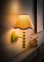 ValueLights Bobbins Sage Green Bobble Wall Light & Linen Pastel Trim Lamp Shade in Pale Blue - thumbnail 2