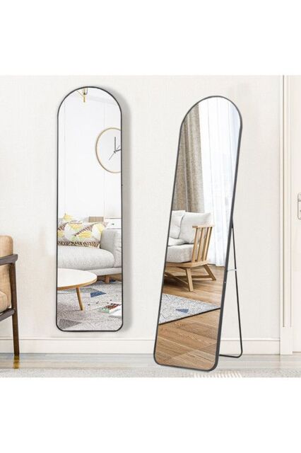 50x160cm Full Length Arched Floor Mirror - Black Metal Frame, Wall-Mount or Freestanding - Size: 50x160 cm