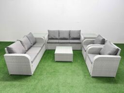 Fimous PE Rattan High Back Lounge Sofa Set Patio Square Coffee Table & Chairs Set with 3 Seater Sofa Reclining Chair 2 Side Table Light Grey - thumbnail 1