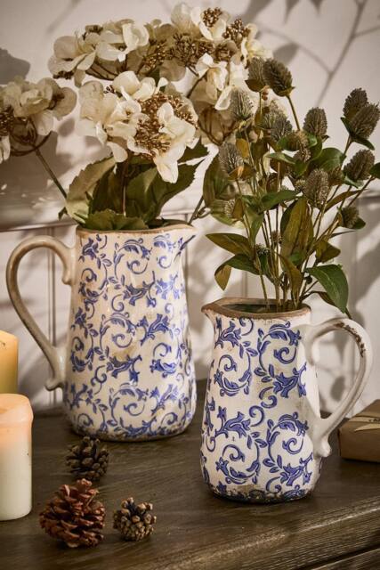 Dibor Set of 2 Luxury Solene Blue Botanical Home Decor Pitcher Jug in Cream - Size: Large - image 1