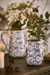 Dibor Set of 2 Luxury Solene Blue Botanical Home Decor Pitcher Jug in Cream - Size: Large