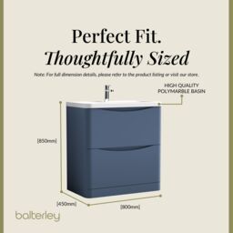 Balterley Floor Standing 2 Drawer Bathroom Vanity Unit & Basin, Blue, 755mm in Blue - thumbnail 5