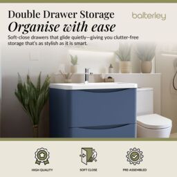 Balterley Floor Standing 2 Drawer Bathroom Vanity Unit & Basin, Blue, 755mm in Blue - thumbnail 2