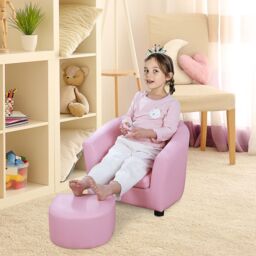 HOMCOM Children Kids Mini Sofa Armchair Made of PVC Very Comfortable with Footstool in Pink