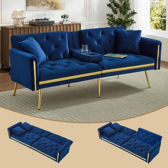 BTM Two seater sofa bed with adjustable backrest & cup holders in Blue - image 1