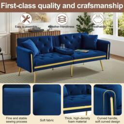BTM Two seater sofa bed with adjustable backrest & cup holders in Blue - thumbnail 3
