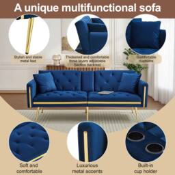 BTM Two seater sofa bed with adjustable backrest & cup holders in Blue - thumbnail 4