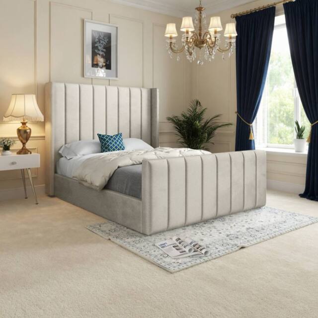 KDMD Sturminster Winged Upholstered Beige Soft Velvet Designer Bed Frame in Cream - Size: Small Double - image 1