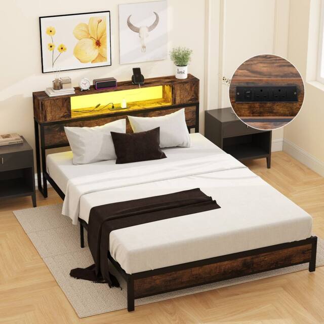 Costway Double Size Bed Frame Metal Platform Bed w/LED Lights&Charging Station in Brown - image 1