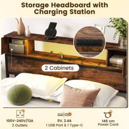 Costway Double Size Bed Frame Metal Platform Bed w/LED Lights&Charging Station in Brown - thumbnail 3