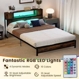 Costway Double Size Bed Frame Metal Platform Bed w/LED Lights&Charging Station in Brown - thumbnail 5