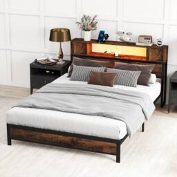 Costway Double Size Bed Frame Metal Platform Bed w/LED Lights&Charging Station in Brown - thumbnail 6