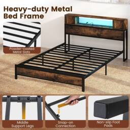 Costway Double Size Bed Frame Metal Platform Bed w/LED Lights&Charging Station in Brown - thumbnail 9