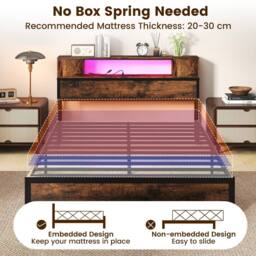 Costway Double Size Bed Frame Metal Platform Bed w/LED Lights&Charging Station in Brown - thumbnail 8