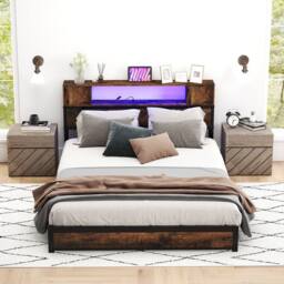 Costway Double Size Bed Frame Metal Platform Bed w/LED Lights&Charging Station in Brown - thumbnail 4