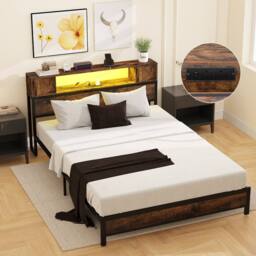 Costway Double Size Bed Frame Metal Platform Bed w/LED Lights&Charging Station in Brown