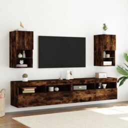 Berkfield Home TV Cabinets with LED Lights 2 pcs Smoked Oak 30.5x30x60 cm in Brown - thumbnail 3
