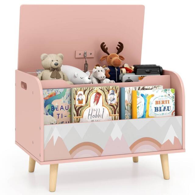 CASART Kids Wooden Toy Box w/ Front Bookshelf Toy Storage Organizer Toy Chest in Pink - image 1