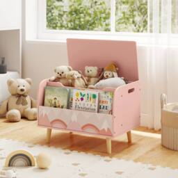 CASART Kids Wooden Toy Box w/ Front Bookshelf Toy Storage Organizer Toy Chest in Pink - thumbnail 3