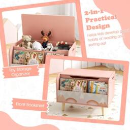 CASART Kids Wooden Toy Box w/ Front Bookshelf Toy Storage Organizer Toy Chest in Pink - thumbnail 5