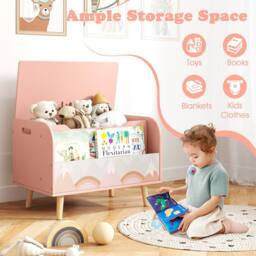 CASART Kids Wooden Toy Box w/ Front Bookshelf Toy Storage Organizer Toy Chest in Pink - thumbnail 7