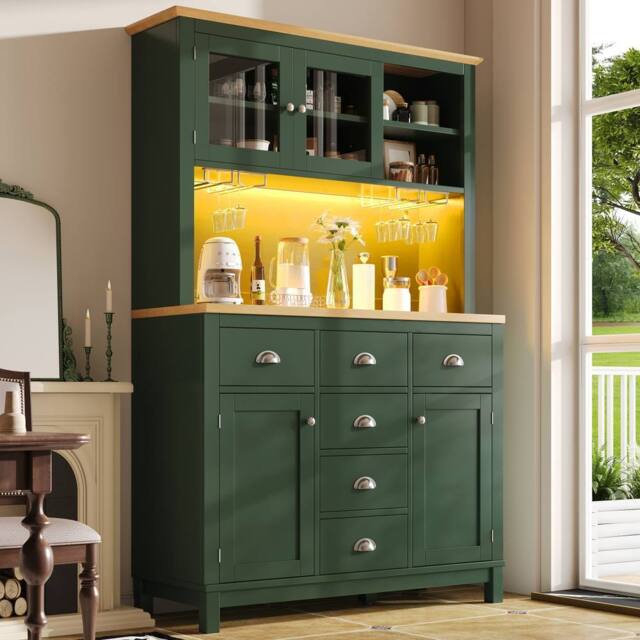 Merax Farmhouse Style Kitchen Pantry Cabinet with LED Lighting & Drawers in Green - image 1
