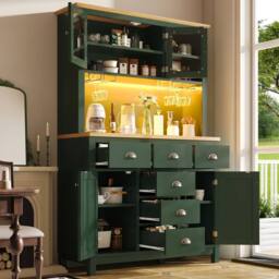 Merax Farmhouse Style Kitchen Pantry Cabinet with LED Lighting & Drawers in Green - thumbnail 2