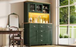 Merax Farmhouse Style Kitchen Pantry Cabinet with LED Lighting & Drawers in Green - thumbnail 3