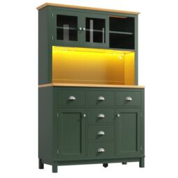 Merax Farmhouse Style Kitchen Pantry Cabinet with LED Lighting & Drawers in Green - thumbnail 7