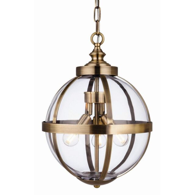 Netlighting Monroe 3 Light Cage Ceiling Pendant Antique Brass with Clear Glass E14 in Grey